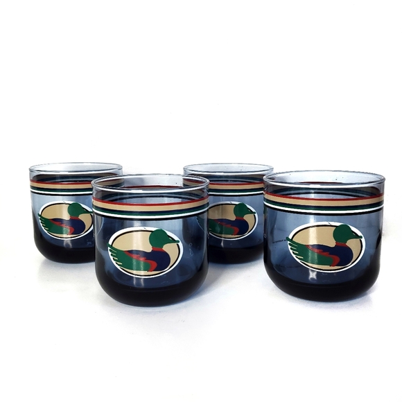 Vintage 1988 Anchor Hocking Blue Tint Mallard Duck Tumblers Set Of 4 Glasses - Picture 1 of 6
